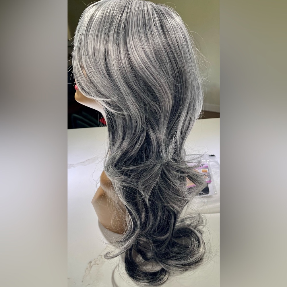HAIR, 25” Long Layers, Wavy, Swoop Bangs, center part, Silver/Black/Gray - Picture 5 of 10